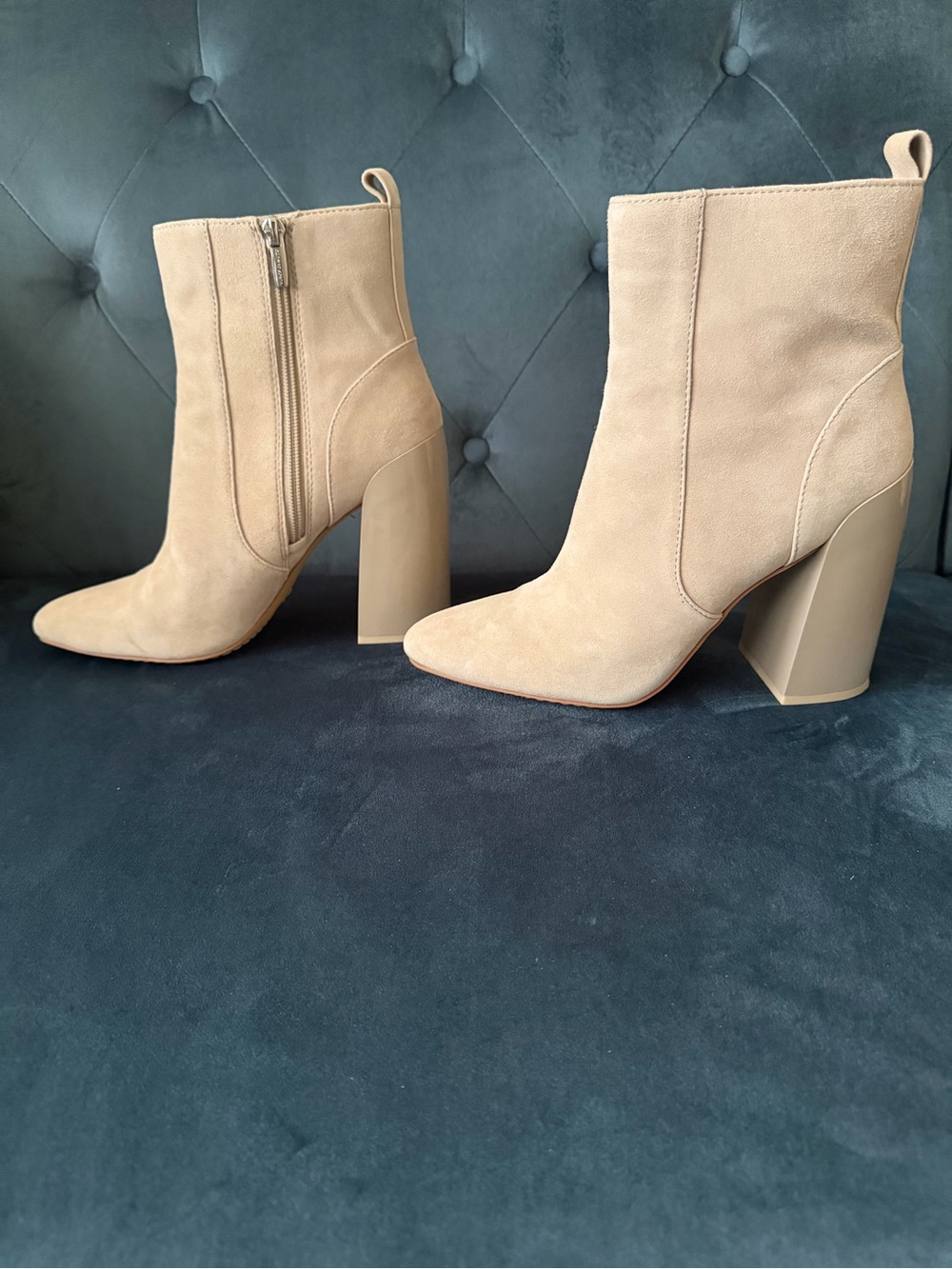 Vince Camuto Beige Suede Pointed Toe Block Heel Ankle Boots